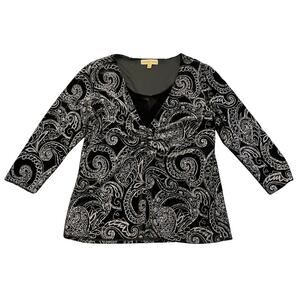 Notations Black Crush Velvet Top Silver Glitter Paisley Blouse Large Whimsygoth